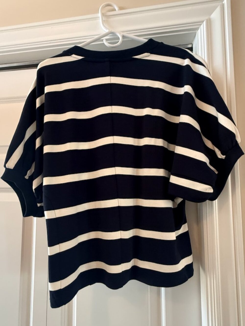 Ann Taylor Navy White Stripe Ponte Knit Top Elbow Sleeve Large - Picture 5 of 5